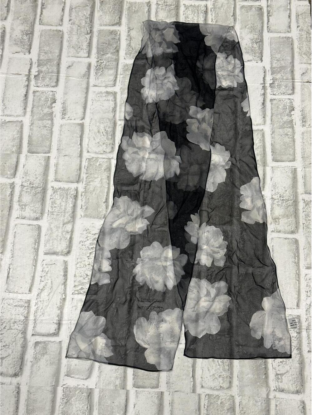 100% Silk Sheer Black Scarf with White Floral Pattern